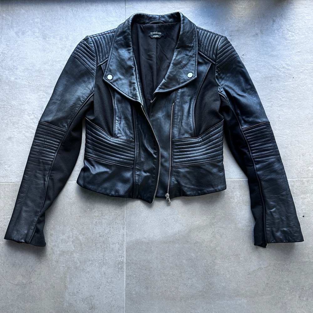 Y2K Bebe Leather Moto Jacket Womens M Black Ribbed Spandex Panels Chic Biker EUC